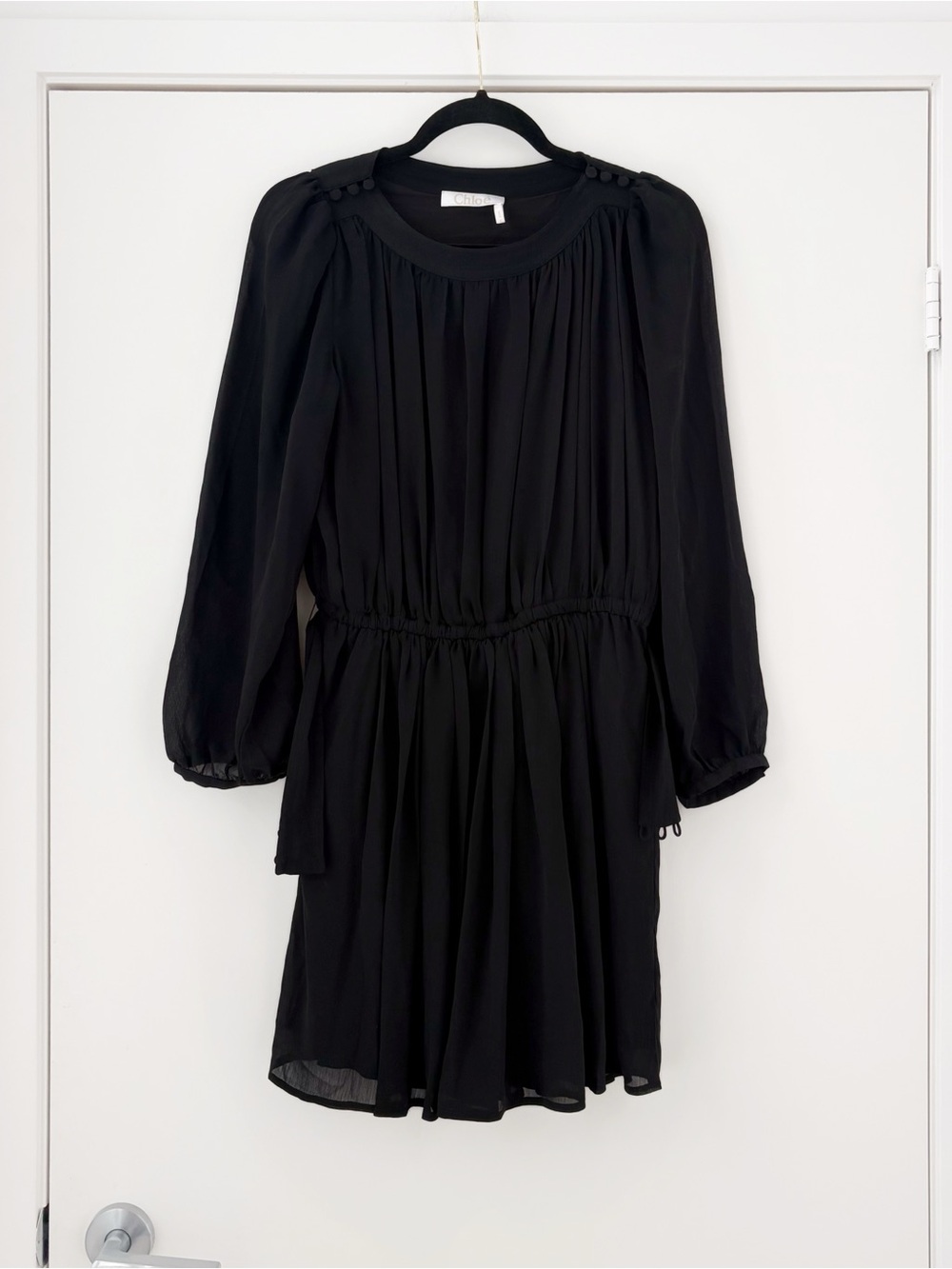 Chloe Black Long-Sleeve Pleated Chiffon Mini Dress 36